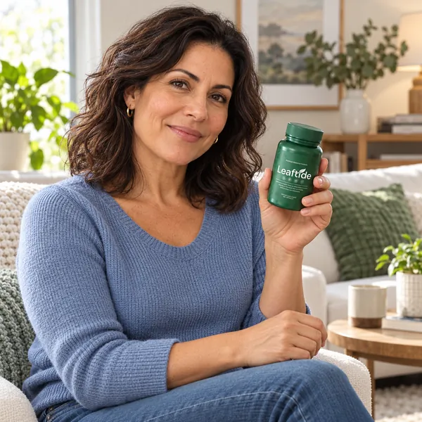 Sarah T. with her bottle of LeafTide at home